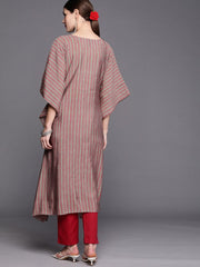 Women Grey & Pink Yoke Design Extended Sleeves Thread Work Kaftan Kurta - Inddus.com