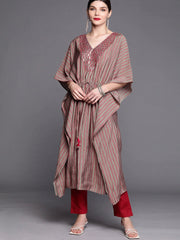 Women Grey & Pink Yoke Design Extended Sleeves Thread Work Kaftan Kurta - Inddus.com