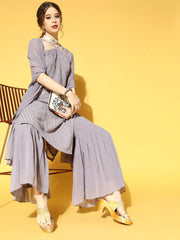 Women Grey Sequinned Kurta with Sharara & Dupatta - Inddus.com