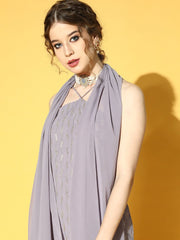 Women Grey Sequinned Kurta with Sharara & Dupatta - Inddus.com