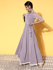 Women Lavender Floral Embroidered Tie up Kurta with Dupatta - Inddus.com