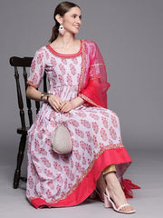 Women Lavender & Pink Ethnic Motifs Printed Georgette Anarkali Kurta With Dupatta - Inddus.com