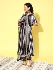 Women Leheriya Striped Regular Kurta with Trousers & With Dupatta - Inddus.com