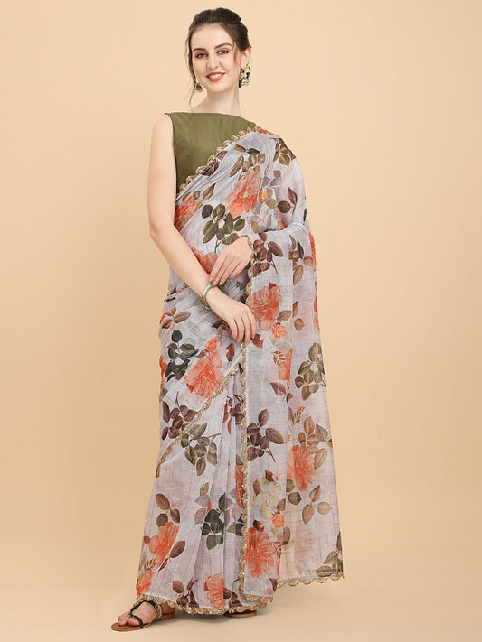 Women Light Grey and Green Checked Chanderi Cotton Saree with Blouse Piece - Inddus.com