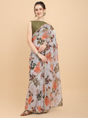 Women Light Grey and Green Checked Chanderi Cotton Saree with Blouse Piece - Inddus.com