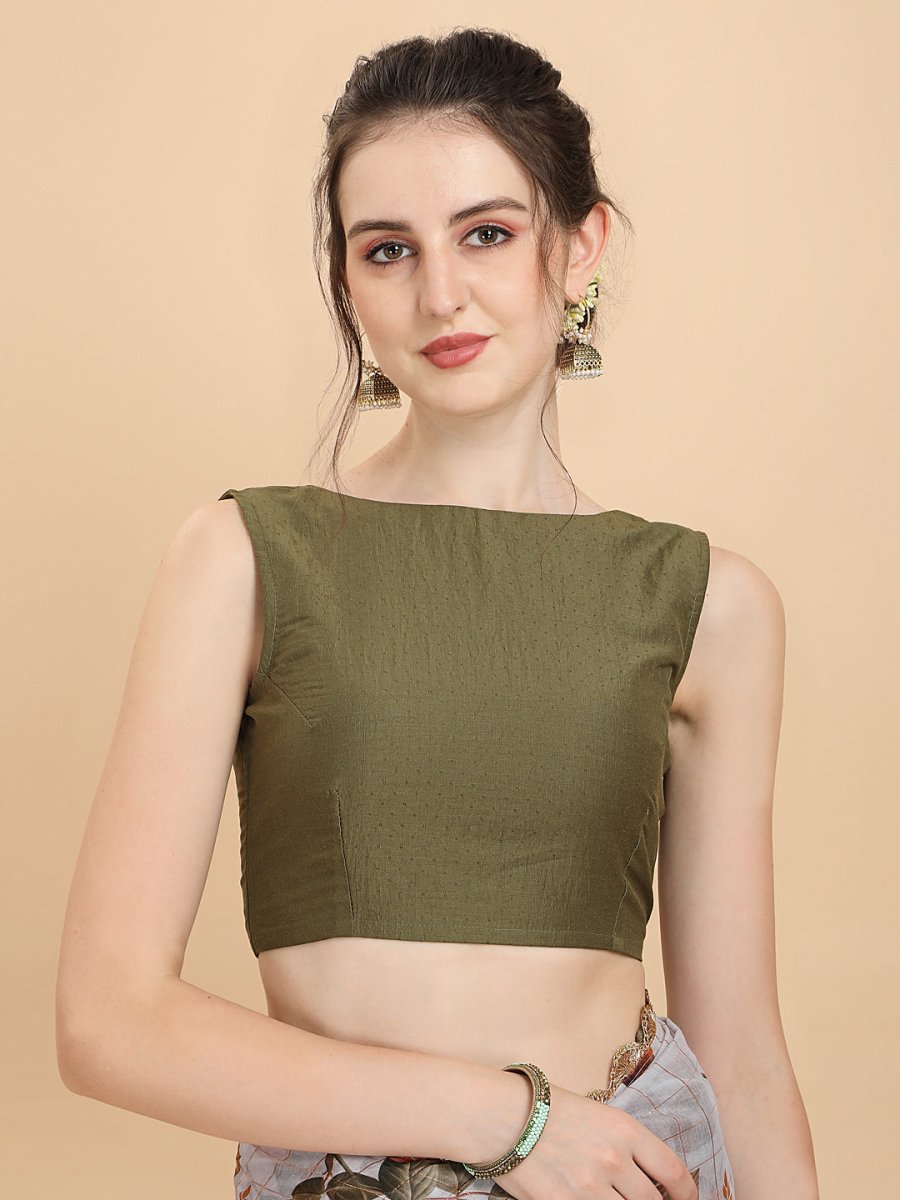 Women Light Grey and Green Checked Chanderi Cotton Saree with Blouse Piece - Inddus.com