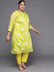Women Lime Green Floral Embroidered Kurta with Trousers & Dupatta - Inddus.com