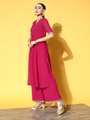 Women Magenta Ethnic Motifs Embroidered Pleated Kurta with Palazzos - Inddus.com