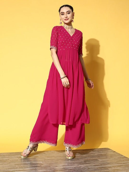 Women Magenta Ethnic Motifs Embroidered Pleated Kurta with Palazzos - Inddus.com