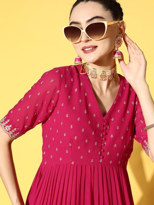 Women Magenta Ethnic Motifs Embroidered Pleated Kurta with Palazzos - Inddus.com