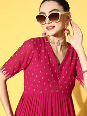 Women Magenta Ethnic Motifs Embroidered Pleated Kurta with Palazzos - Inddus.com