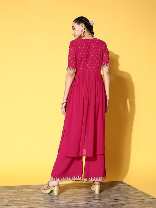 Women Magenta Ethnic Motifs Embroidered Pleated Kurta with Palazzos - Inddus.com