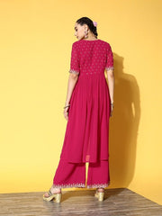 Women Magenta Ethnic Motifs Embroidered Pleated Kurta with Palazzos - Inddus.com