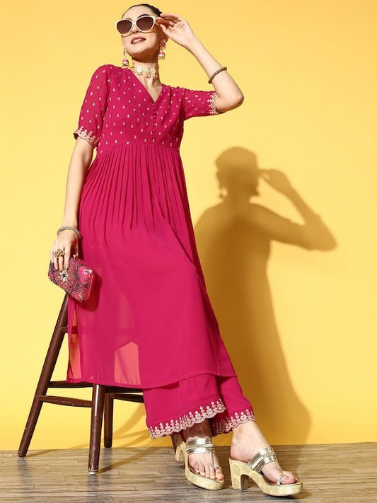 Women Magenta Ethnic Motifs Embroidered Pleated Kurta with Palazzos - Inddus.com