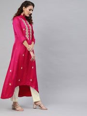 Women Magenta Pink Embroidered Kurta Set - inddus-us