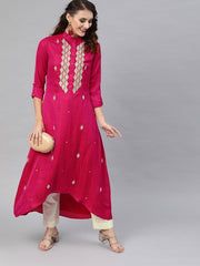 Women Magenta Pink Embroidered Kurta Set - inddus-us