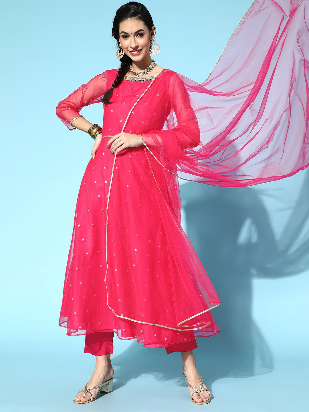 Women Magenta Pink Floral Embroidered Pleated Sequinned Net Kurta with Trousers - Inddus.com