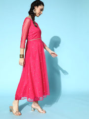 Women Magenta Pink Floral Embroidered Pleated Sequinned Net Kurta with Trousers - Inddus.com