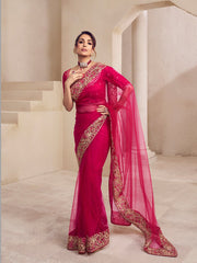 Women Magenta Pink Floral Sequins and Thread Embroidered Saree with Blouse Piece - Inddus.com