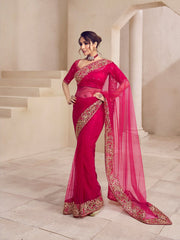 Malaika Arora Magenta Pink Floral Sequins and Thread Embroidered Saree with Blouse Piece