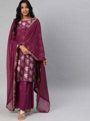 Women Magenta Pink & Gold-Toned Woven Sharara Suit - Inddus.com