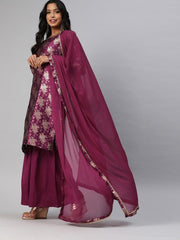 Women Magenta Pink & Gold-Toned Woven Sharara Suit - Inddus.com