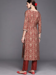 Women Maroon Bandhani Embroidered Regular Kurta with Trousers - Inddus.com