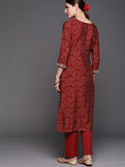 Women Maroon Bandhani Printed Regular Zardozi Kurta with Trousers - Inddus.com