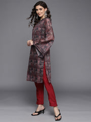 Women Maroon & Black Printed Chanderi Cotton Kurta with Trousers - Inddus.com