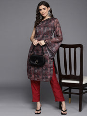 Women Maroon & Black Printed Chanderi Cotton Kurta with Trousers - Inddus.com
