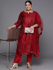 Women Maroon Embroidered Chanderi Cotton Kurta With Trousers & Dupatta - Inddus.com