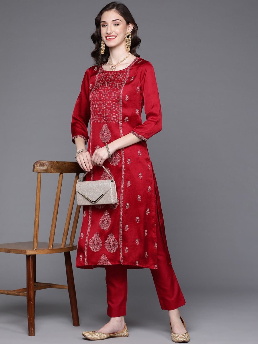 Women Maroon Ethnic Motifs Printed Kurta with Trousers - Inddus.com