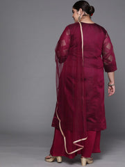 Women Maroon Ethnic Motifs Yoke Design Chanderi Cotton Kurta with Palazzos & With Dupatta - Inddus.com
