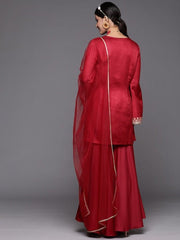Women Maroon Floral Embroidered Kurta with Sharara & With Dupatta - Inddus.com