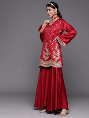 Women Maroon Floral Embroidered Kurta with Sharara & With Dupatta - Inddus.com
