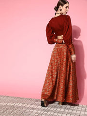 Women Maroon & Gold-Toned Brocade Silk Blend Top with Skirt - Inddus.com