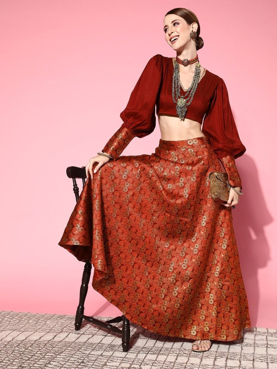 Women Maroon & Gold-Toned Brocade Silk Blend Top with Skirt - Inddus.com