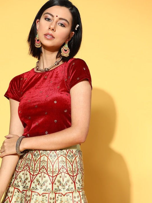 Women Maroon & Golden Sequinned Velvet Stretchable Blouse - Inddus.com