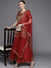 Women Maroon Gotta Patti Kurta with Sharara & With Dupatta - Inddus.com