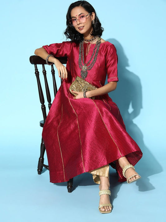 Women Maroon Silk Swirling Volume Kurta - Inddus.com