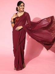 Women Maroon Solid Embellished Festive Saree - Inddus.com