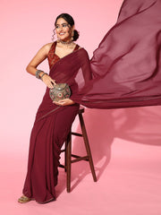 Women Maroon Solid Embellished Festive Saree - Inddus.com
