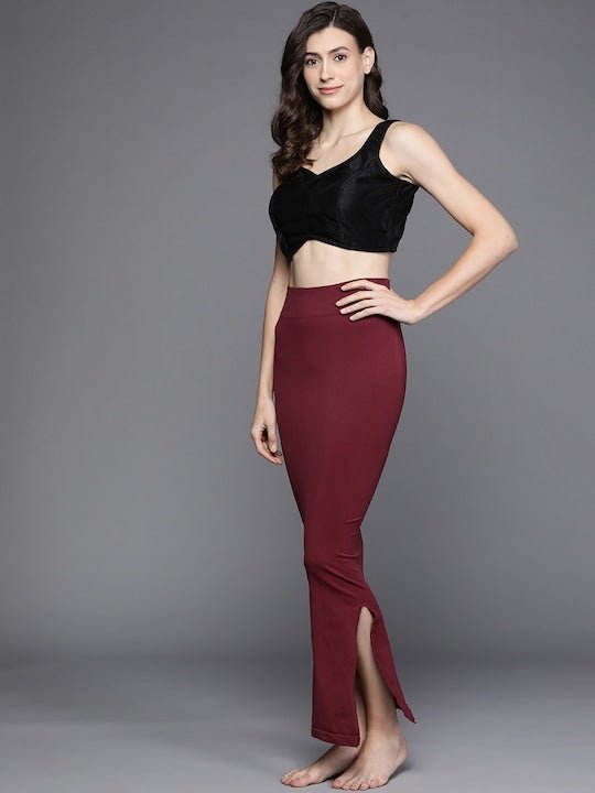 Women Maroon Solid High Compressed Seamless Instant Slimming Saree Shapewear - Inddus.com