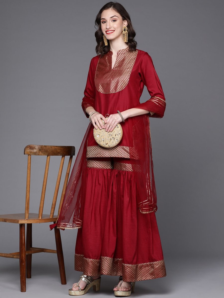 Women Maroon Yoke Design Gotta Patti Kurti with Sharara & Dupatta - Inddus.com