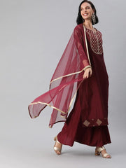 Women Maroon Zari Yoke Design Chanderi Cotton Kurta with Palazzos & Dupatta - inddus-us