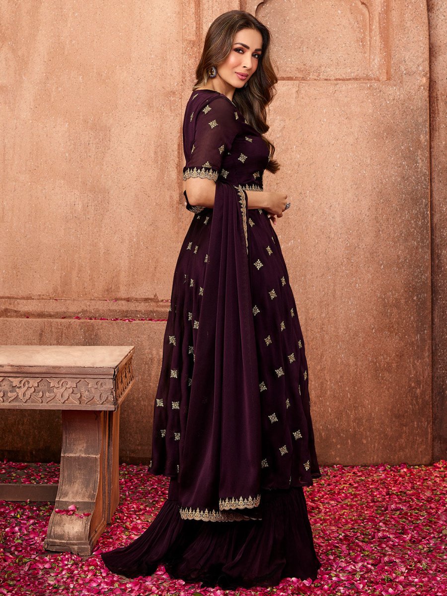 Women Mauve Ethnic Motifs Embroidered Sequinned Kurta with Palazzos & With Dupatta - Inddus.com