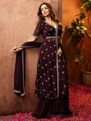 Women Mauve Ethnic Motifs Embroidered Sequinned Kurta with Palazzos & With Dupatta - Inddus.com