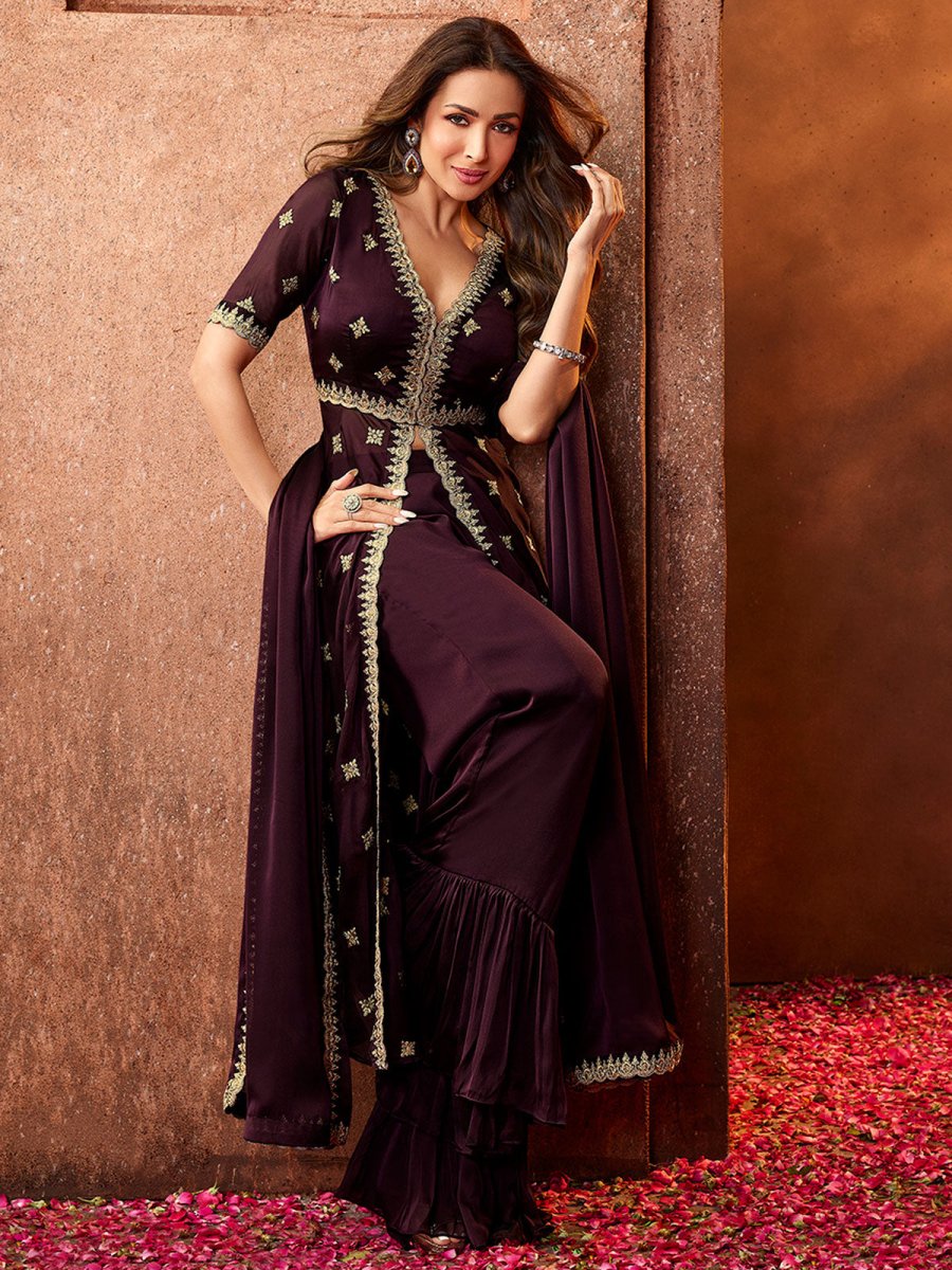 Women Mauve Ethnic Motifs Embroidered Sequinned Kurta with Palazzos & With Dupatta - Inddus.com