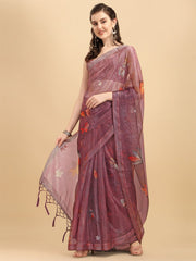 Women Mauve Floral Sequinned Silk Blend Saree with Organza Blouse Piece - Inddus.com