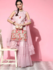Women Mauve Pink Floral Embroidered Thread Work Net Kurti with Sharara & Dupatta - Inddus.com